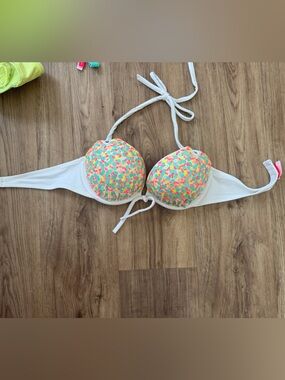 White Bikini Top with Neon Sequin push up Cups NWOT